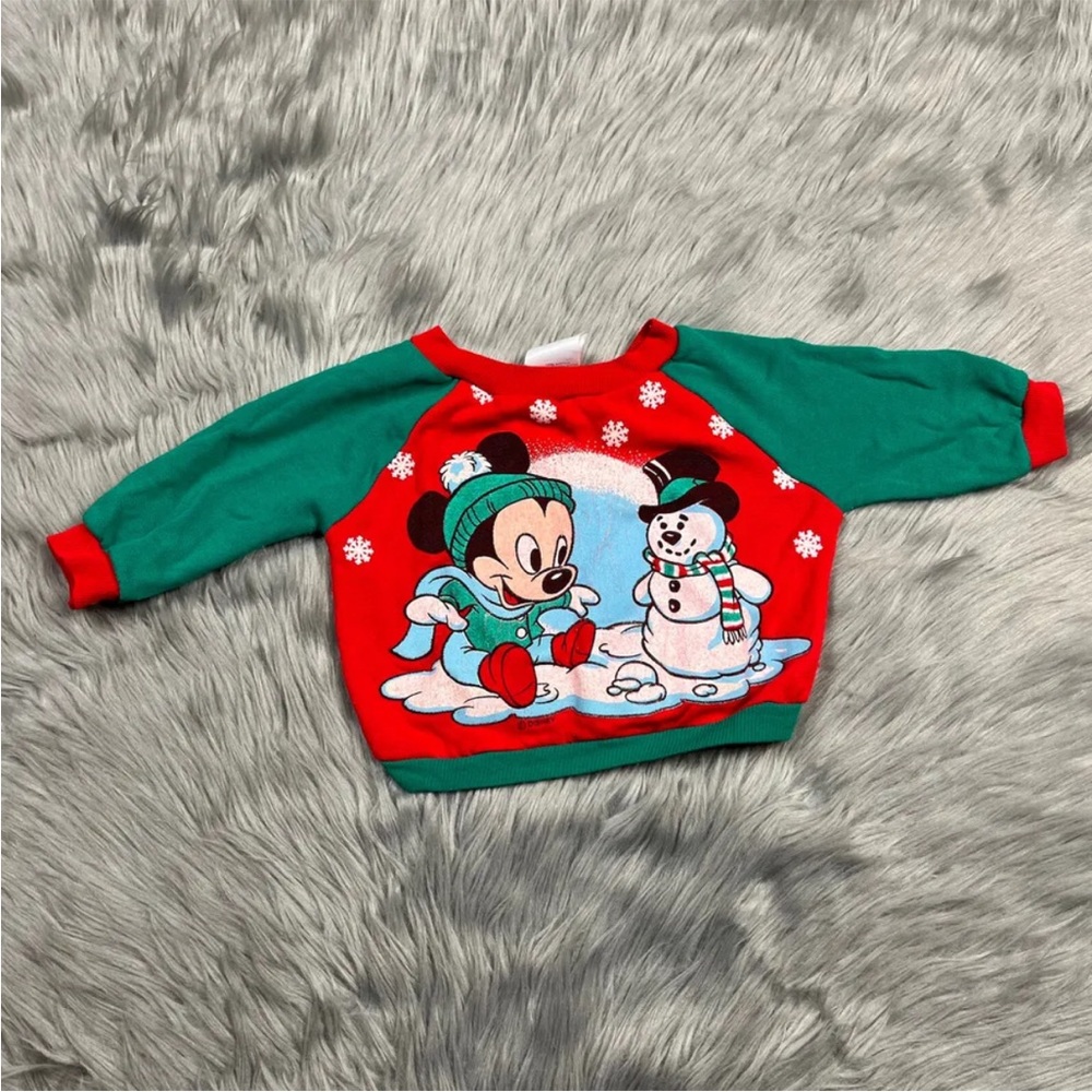 Vintage Sears Baby Disney Mickey Mouse Red Green Winter Xmas Sweater
